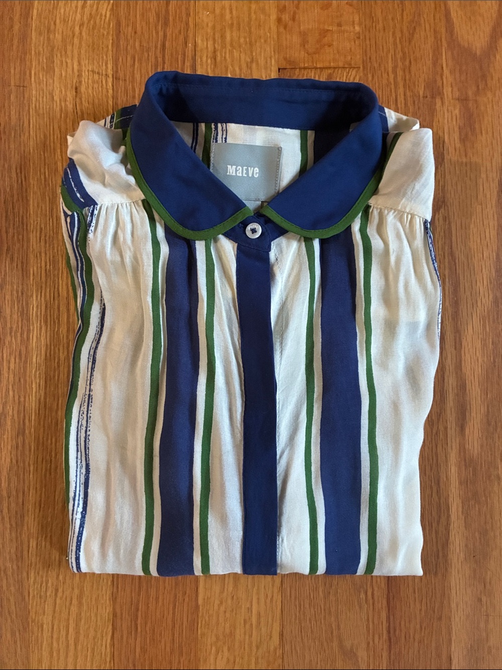 Maeve Navy, White & Green Striped Polo Blouse